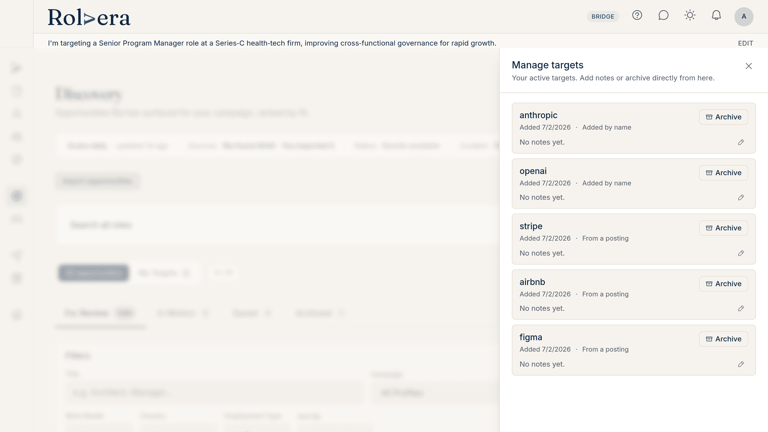 The Manage targets panel, listing active target companies with notes and archive controls.